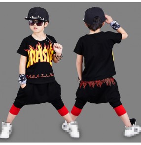 Black white with flame printed fashion short sleeves loose sports boys kids jazz hip hop dance outfits costumes