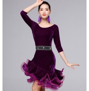 Black wine royal blue fuchsia red hot pink velvet half sleeves competition stage performance women's ladies latin salsa cha cha dance dresses