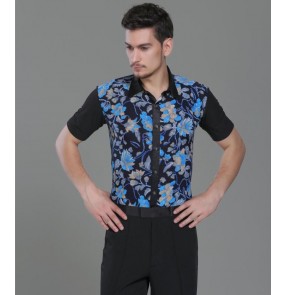 Black with blue leaves printed down collar men's male competition short sleeves performing ballroom latin dance shirts tops