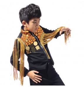 Black with gold lens rhinestones paillette sequins fringes fashion boys kids children drummer competition performance hip jop jazz dance tops jackets 