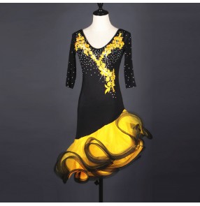 Black with gold yellow embroidery pattern patchwork short sleeves big ruffles skirt hem competition salsa latin dance dresses