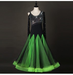 Black with green skirted rhinestones long sleeves women's professional competition ballroom waltz dresses