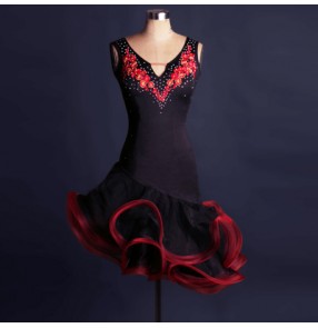 Black with red embroidery pattern ruffles skirts women's ladies competition latin rumba samba salsa cha cha dance dresses