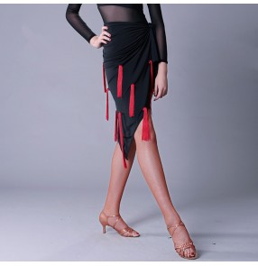 Black with red fringes sexy fashion competition triangle hip scarf girls women's ladies latin salsa cha cha dance wrap waist  skirts