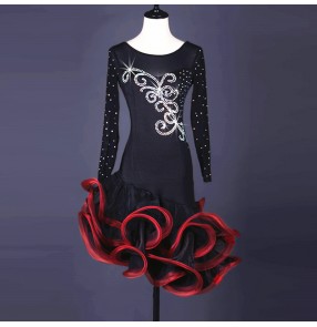 Black with red patchwork ruffles hem skirt competition performance girls women's salsa rumba samba latin dance dresses