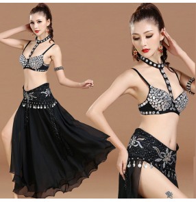 Black with silver rhinestones bra with skirt and hip scarf waist chain sexy fashion women's Indian Egypt Belly dance costumes dresses