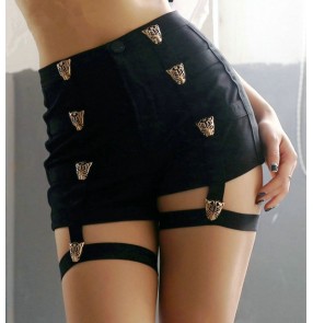 Black with tiger head  fashion sexy bandage high waist hot dance girls women's pole dance jazz singer performance hip hop dance shorts 