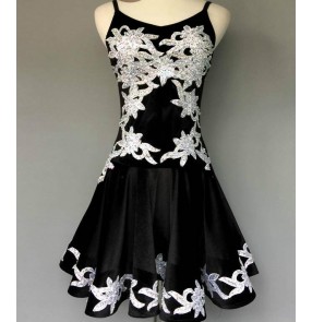 Black with white appliques girls women's  diamond competition performance ballroom latin dance dresses