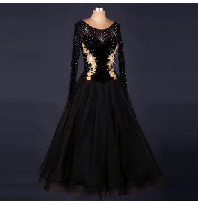 Black with white diamond embroidery pattern long length big skirted long length women's female competition ballroom waltz tango dancing dresses outfits