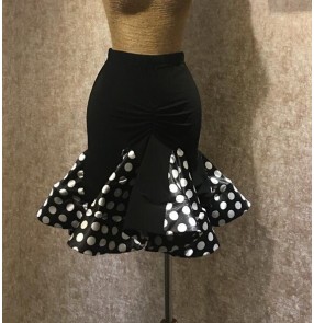 Black with white embroidery floral polka dot green patchwork ruffles hem competition professional girls women's latin salsa dance skirts 