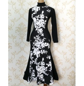 Black with white floral printed patchwork long sleeves turtle neck competition professional women's girls latin dance flamenco dance dresses vestidos