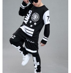 Black with white pattern patchwork 4in1 boys kids children girls school stage performance competition hip hop modern jazz street dancing outfits