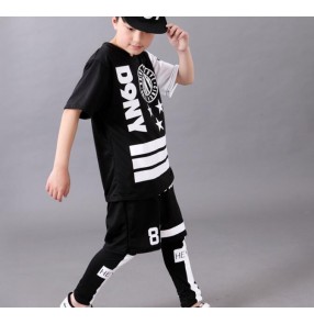 Black with white printed boys kids children fashion casual school play performance short sleeves modern dance hip hop  jazz dance costumes outfits