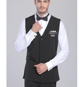 Black with white striped fashion men's male long length side split competition performance ballroom tango waltz  latin dance vests tops 