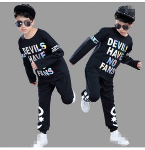 Black with white words fashion boys kids children long sleeves 2pcs in  one set school play hip hop jazz drummer party stage performance dancing outfits costumes