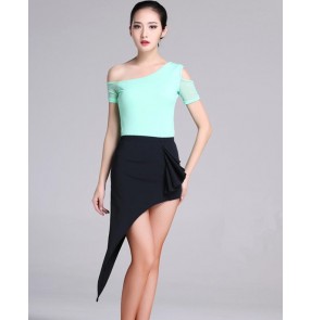 Black zebra mint patchwork short hollow sleeves asymmetrical skirt hem fashion girls women's salsa cha cha rumba latin dance dresses