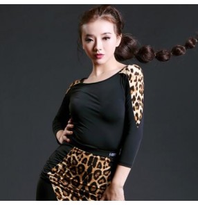 Blue printed leopard sexy fashion girls women's exercises performance latin cha cha samba dance tops shirts blouses