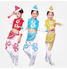 Blue red gold sequins paillette girls kids children modern dance Mongolian dance cosplay performance jazz dancing outfits costumes