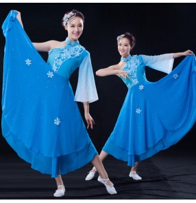 Blue turquoise gradient colored one shoulder sleeves women's ladies Chinese folk dancing fan Yangko traditional singers performance dancing dresses outfits