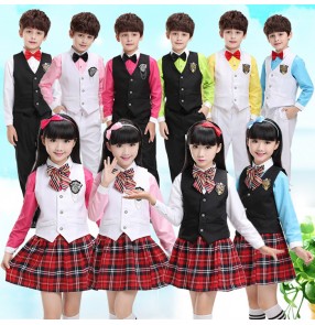 Blue turquoise hot pink fuchsia white girls boys kids children kindergarten England style performance chorus school uniforms Dresses outfits