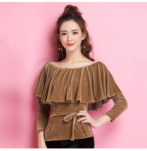 Dark flesh colored velvet ruffles neck long sleeves women's ladies competition performance ballroom latin cha cha dance tops 