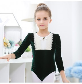 Dark green light pink long sleeves velvet lace patchwork princess girls kids children gymnastics ballet skating dancing leotards tops bodysuits