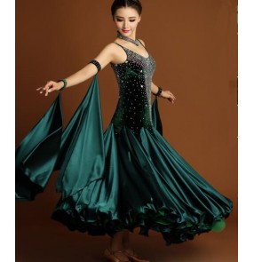 Dark green wine red satin rhinestones velvet patchwork competition luxury handmade professional women's ballroom tango waltz dancing long dresses