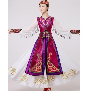 Dark purple white patchwork satin fabric long sleeves women's ladies competition cosplay dancing Mongolian folk dance dresses robes costumes