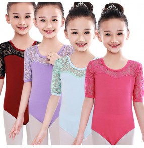 Dark red light blue violet purple fuchsia short sleeves lace gymnastics performance exercises ballet leotards costumes bodysuits