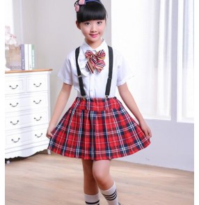 England style red plaid red black skirt white shirt with bow tie girls kids children kindergarten stage chorus dresses performance school play uniforms outfits