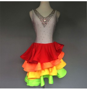 Flesh rainbow colored rhinestones women's girls competition performance latin salsa dance dresses outfits