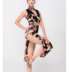 Floral black patchwork side split fashion sexy women's competition salsa cha cha latin rumba samba dance dresses outfits costumes