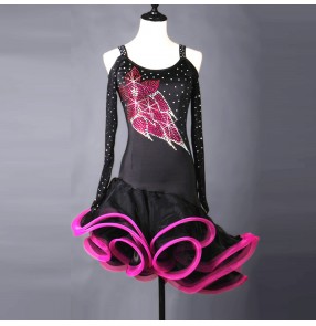 Fuchsia black rhinestones flowers long sleeves dew shoulder competition girls women's latin salsa rumba dance dresses 