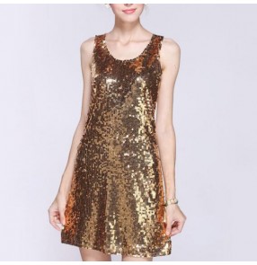 Fuchsia gold silver sequins paillette glitter tank sleeveless girls women's stage performance jazz singer cosplay hot dance dresses long vests