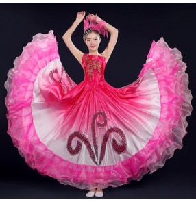 Fuchsia gradient colored flesh patchwork petals women's ladies group dancing chorus spanish flamenco dance dresses