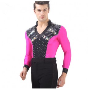 Fuchsia hot pink black patchwork rhinestones v neck long sleeves Lycra men's male competition ballroom latin dance shirts tops