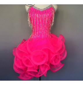 Fuchsia hot pink diamond fringes handmade luxury competition custom size girls women's latin salsa ballroom dance dresses