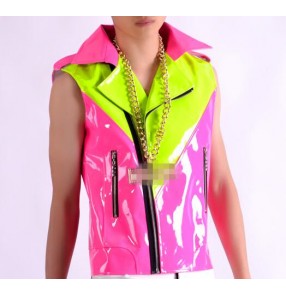 Fuchsia hot pink green candy colored leather fashion boys men's pael collar hip hip jazz singer ds night club dance vests waistcoats