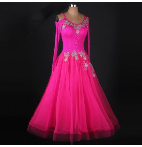 Fuchsia hot pink long length competition appliques diamond women's girls ladies ballroom tango waltz dancing dresses outfits