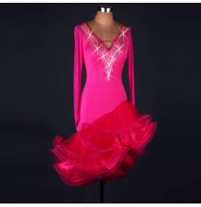 Fuchsia hot pink long sleeves women's fashion competition rhinestones latin salsa cha cha ballroom dancing dresses