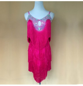 Fuchsia hot pink orange black white rhinestones backless competition handmade contest girls women's latin dance dresses