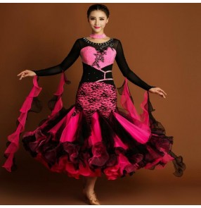 Fuchsia hot pink patchwork high quality handmade luxury rhinestones competition long sleeves women's ballroom tango waltz dancing long full dresses