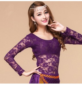 Fuchsia hot pink purple royal blue black white yellow lace long sleeves sexy fashion women's girls belly dance tops shirts