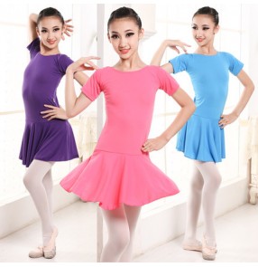 Fuchsia hot pink purple violet blue black short sleeves girls baby children gymnastics exercises latin ballet dance leotards dresses