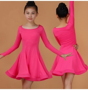 Fuchsia hot pink red black violet light purple mint royal blue long sleeves round neck growth girls kids children performance competition latin salsa dance dresses