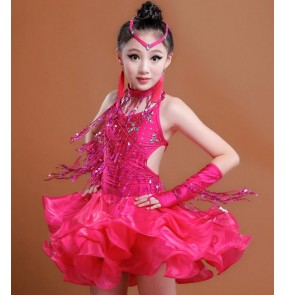 Fuchsia hot pink red royal blue sequins paillette fringes glitter girls kids children competition latin salsa rumba ballroom dance dresses