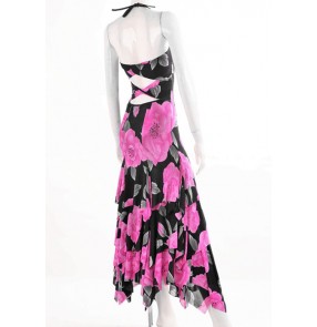 Fuchsia hot pink rose flowers printed backless halter neck women's girls flamenco ballroom dance dresses costumes