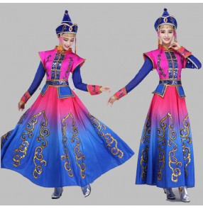 Fuchsia hot pink royal blue gradient colored long sleeves women's party performance Mongolian international cosplay dancing robes dresses outfits