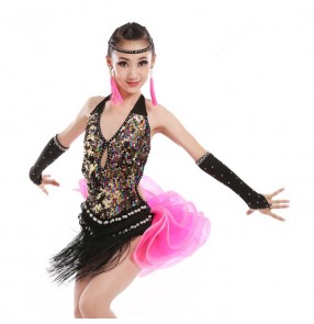 Fuchsia hot pink royal blue sequins paillette diamond fringes girls competition professional latin ballroom dance dresses outfits