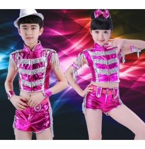 Fuchsia hot pink royal blue silver red leather boys kids school competition children girls hip hop jazz dancing outfits